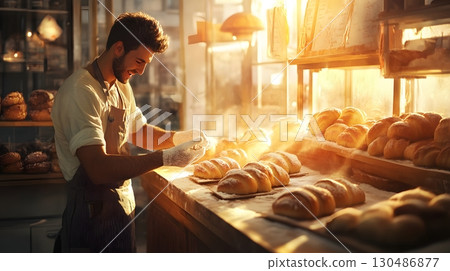 baker arranging freshly baked bread in bakery baker arranging freshly baked bread in bakery 130486877