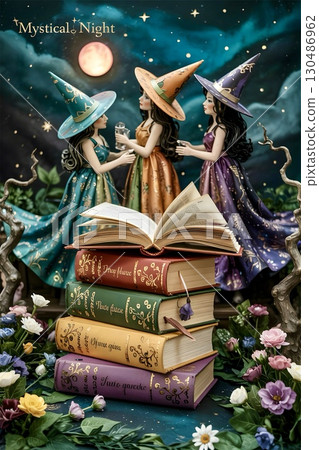 Three women in colorful, flowing gowns and pointed hats are positioned in a mystical, enchanted setting. Three women in colorful, flowing gowns and pointed hats are positioned in a mystical, enchanted setting. 130486962