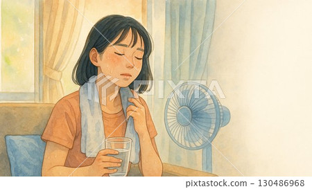 A woman uses a fan and water to protect herself from the heat indoors in summer A woman uses a fan and water to protect herself from the heat indoors in summer 130486968