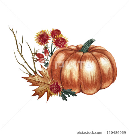 A autumn composition with pumpkin and plant elements. Hand-drawn watercolor illustration. For greeting and invitation cards for autumn holidays, Harvest Day, Thanksgiving, Halloween, and others. A autumn composition with pumpkin and plant elements. Hand-drawn watercolor illustration. For greeting and invitation cards for autumn holidays, Harvest Day, Thanksgiving, Halloween, and others. 130486969
