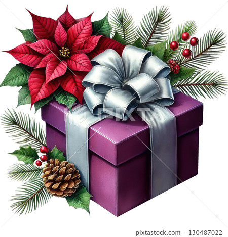 A beautifully wrapped purple gift box adorned with festive foliage, pine cones, and vibrant poinsettias, perfect for holiday celebrations. 130487022