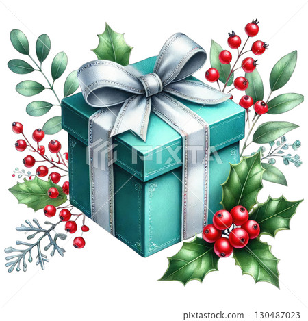 A beautifully wrapped turquoise gift box adorned with a silver ribbon and surrounded by festive holly and berries. 130487023