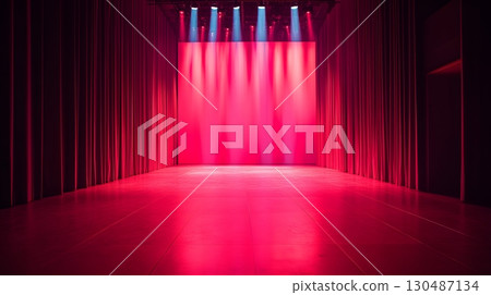 empty stage with red curtains and pink lighting 130487134