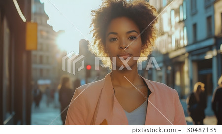 confident young woman in city street at sunset confident young woman in city street at sunset 130487135