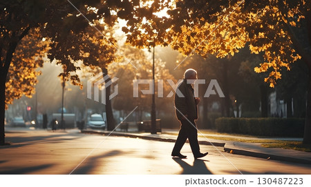 elderly man walking in autumn park 130487223