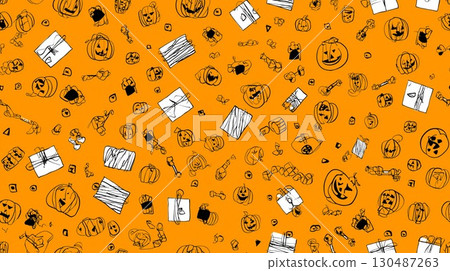 有趣的橙色無縫圖案，配有萬聖節南瓜和禮品盒 130487263
