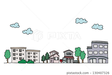 Hand-drawn rough Japanese cityscape illustration, horizontal, background illustration Hand-drawn rough Japanese cityscape illustration, horizontal, background illustration 130487326