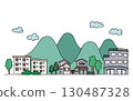 Hand-drawn rough Japanese mountain cityscape illustration, horizontal, background illustration 130487328