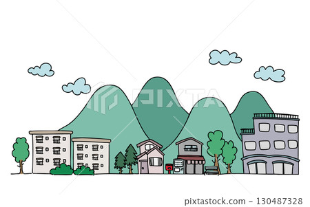 手繪粗糙的日本山景插圖，橫向，背景插圖 130487328