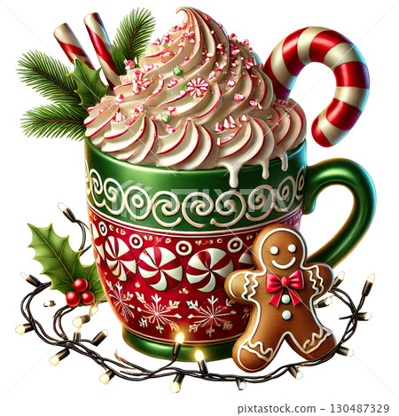 Festive mug filled with hot chocolate, topped with whipped cream, gingerbread, and candy cane. Festive mug filled with hot chocolate, topped with whipped cream, gingerbread, and candy cane. 130487329