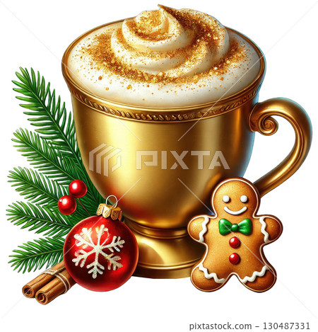 Golden cup filled with whipped cream, decorated with holiday elements, white isolate background. 130487331