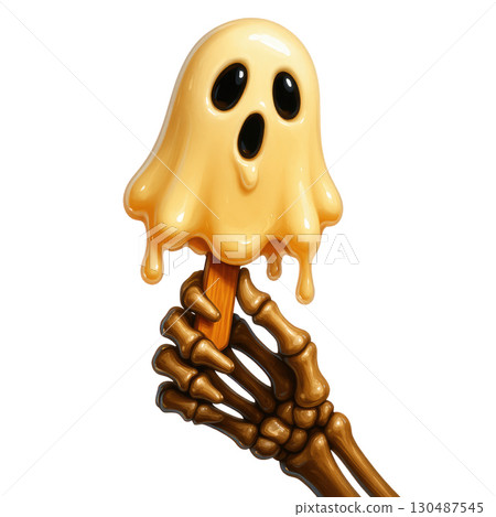 Melting ghost shaped ice cream held by skeleton hand with spooky Melting ghost shaped ice cream held by skeleton hand with spooky 130487545