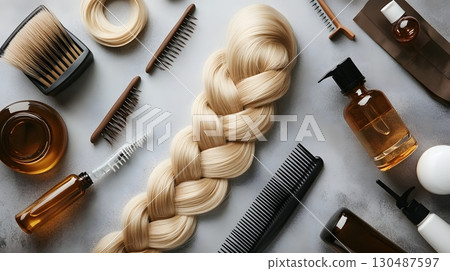 blonde hair braid with hair care products and tools 130487597