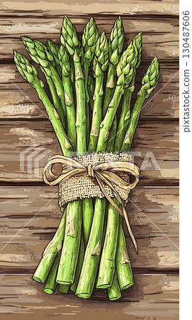 fresh asparagus bundle on wooden background 130487606