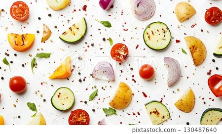 grilled vegetables and spices flat lay 130487640