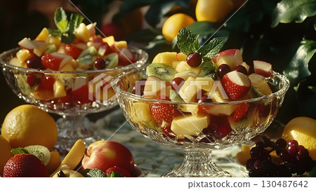 fresh fruit salad in crystal bowls fresh fruit salad in crystal bowls 130487642