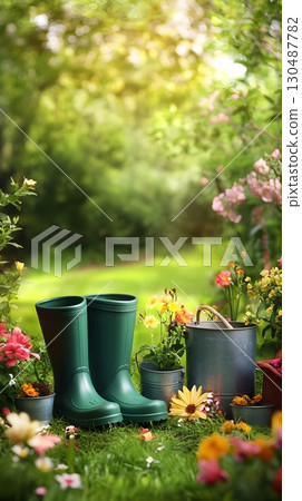 green rubber boots in a blooming garden 130487782