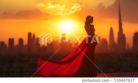 silhouette woman in red dress at sunset over dubai skyline 130487817