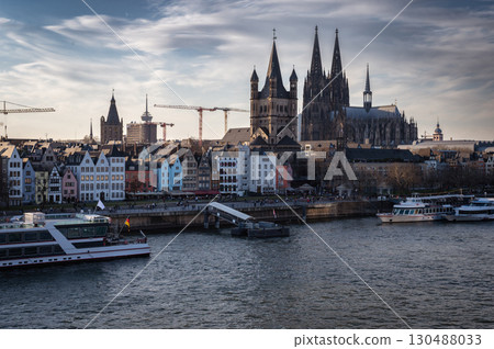 Cologne, Germany - March 7 2025: City skyline in spring along the Rhine river 130488033
