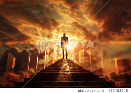 A Businessman climbing stairs to get success. Success and achievement concepts. generative ai 130488048