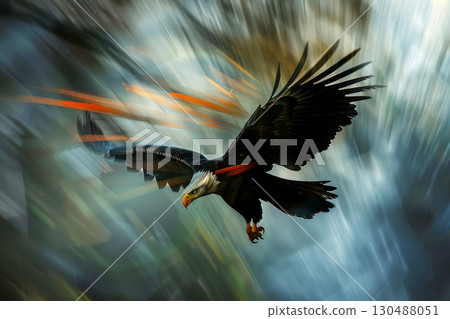 Bald American eagle flying with blur background. 130488051