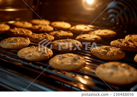 baking rack suspending freshly baked cookies in the oven, created with generative ai 130488056