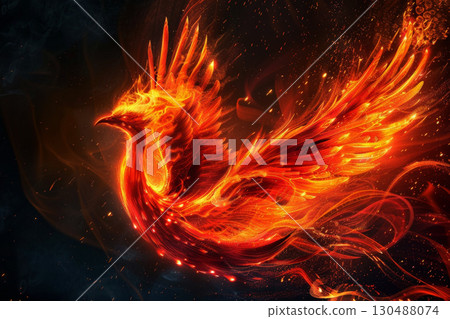 Elegant and powerful phoenix with fire on its wings. A bird with wings of fire. Generative AI 130488074