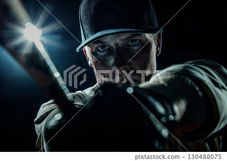 Baseball player in action on the field during a baseball game. generative ai 130488075