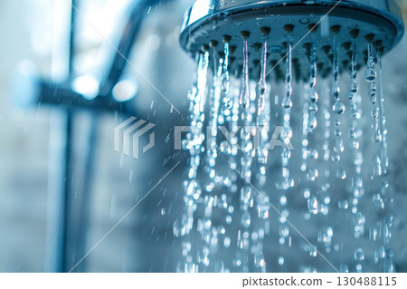 shower with flowing water and steam with window on background. Generative ai 130488115