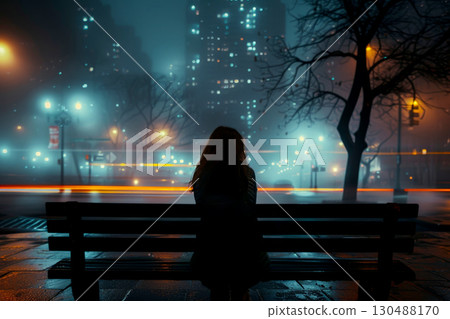 woman sitting on public bench in the Night Reflections in the City. woman sitting on public bench in the Night Reflections in the City. 130488170
