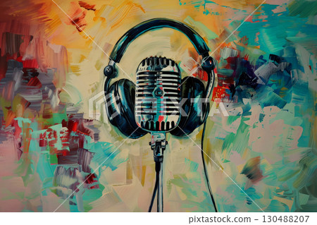Vintage art microphone with headphones set against a isolated background in a music studio. 130488207