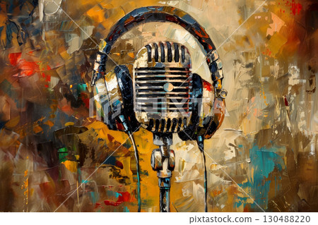 Vintage art microphone with headphones set against a isolated background in a music studio. 130488220