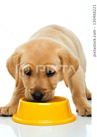 pet dog eating food from bowl dish isolated on background. ai generated 130488221