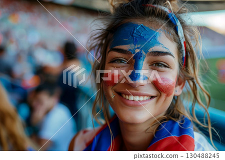 A joyful French woman with his face painted in the blue white and red colors of the France flag, cheering at a football match, with a blurred stadium background. AI Generative 130488245
