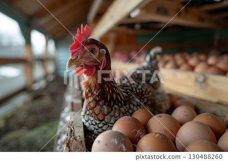 A hen lays eggs in a chicken coop with a blurry backdrop and big space for text or product advertisement background, Generative AI. 130488260