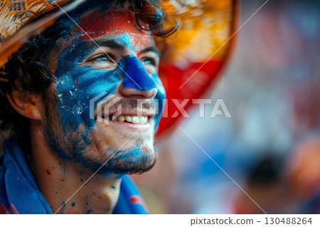 A joyful French man with his face painted in the blue white and red colors of the France flag, cheering at a football match, with a blurred stadium background. AI Generative 130488264