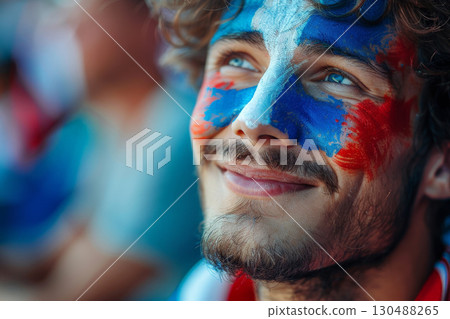 A joyful French man with his face painted in the blue white and red colors of the France flag, cheering at a football match, with a blurred stadium background. AI Generative A joyful French man with his face painted in the blue white and red colors of the France flag, cheering at a football match, with a blurred stadium background. AI Generative 130488265