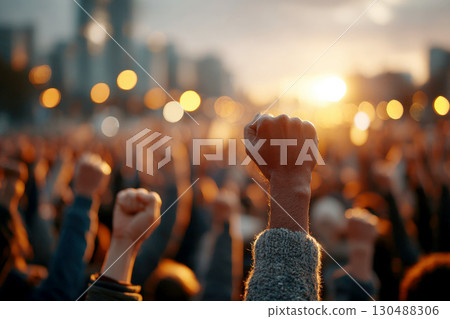 diverse people raise clenched fists . Crowd solidarity power concept. Unity against oppression, fight for rights, support, empowerment, social justice. diverse people raise clenched fists . Crowd solidarity power concept. Unity against oppression, fight for rights, support, empowerment, social justice. 130488306
