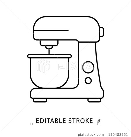 Stand mixer icon with bowl and control buttons. Electric kitchen appliance for mixing dough or batter, minimal line style, modern food preparation tool illustration. 130488361