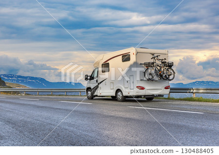 Family vacation travel RV, holiday trip in motorhome, Caravan car Vacation. Beautiful Nature Norway. 130488405