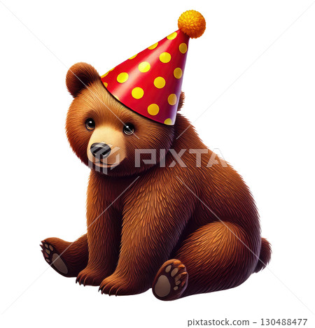 Cute brown bear cub wearing red party hat with yellow dots 130488477