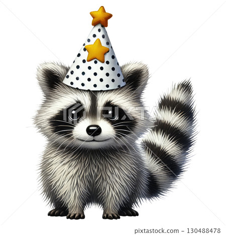Cute raccoon with party hat and stars, joyful celebration mood 130488478