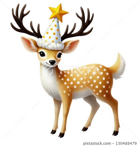 Cute deer with party hat and star, festive and joyful mood 130488479