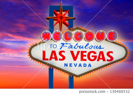 Welcome to Fabulous Las Vegas sign sunset sky 130488532