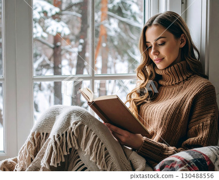 一位女士在窗邊看書，欣賞雪景 130488556