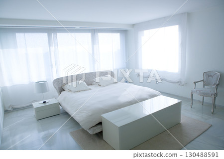 Modern white house bedroom with marble floor 130488591