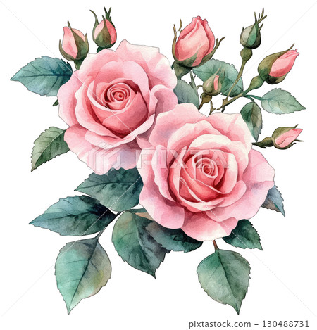 A beautiful bouquet of pink roses with lush green leaves and budding flowers. A beautiful bouquet of pink roses with lush green leaves and budding flowers. 130488731