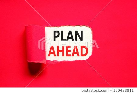 Plan ahead symbol. Concept word Plan ahead on beautiful white paper. Beautiful red paper background. Business plan ahead concept. Copy space. 130488811