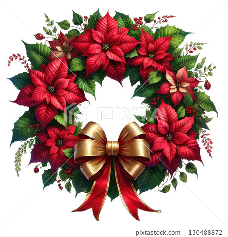 Festive poinsettia wreath with gold bow, vibrant colors on white isolated background. 130488872