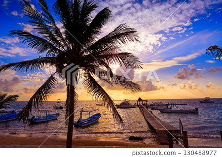 Riviera Maya sunrise pier Caribbean Mexico 130488977